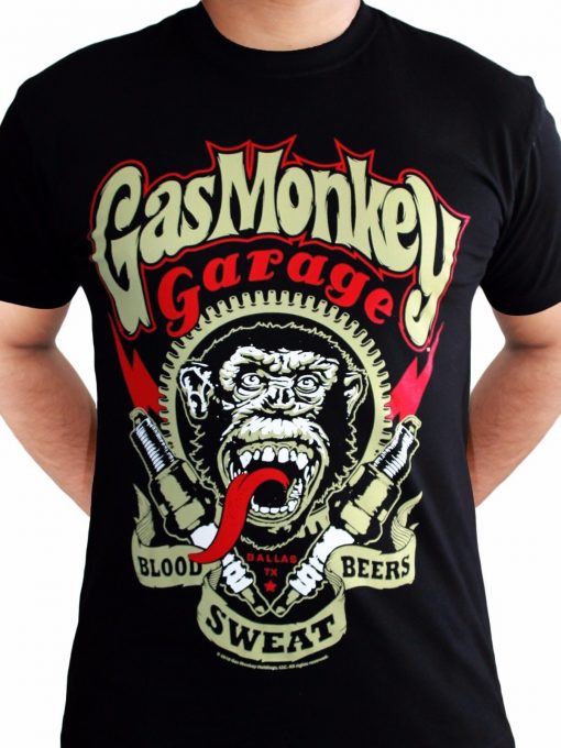 Gas Monkey Garage Spark Plugs Blood Sweat Beers Licensed Black Mens T-shirt