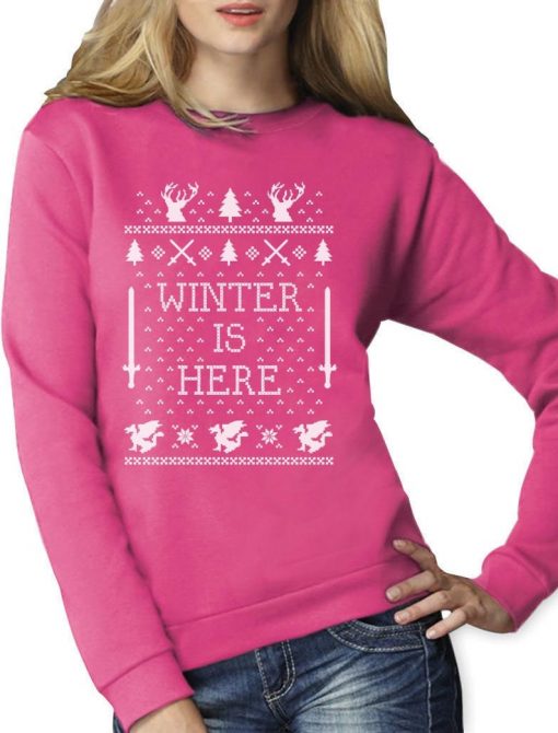 VWinter is Here Christmas Ugly Sweater - Women's Crewneck Sweatshirt