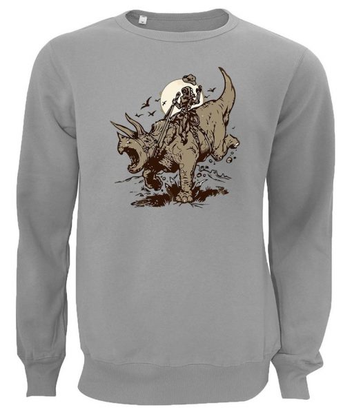 Cowboy Riding A Dinosaur Triceratops Printed Unisex Gray Sweater