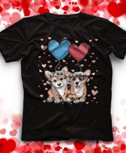 Corgi Dog Couple Red Heart Balloon Valentine's Day funny T-Shirt