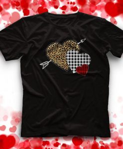 Three Hearts Leopard Buffalo Plaid Valentine's day T-Shirt
