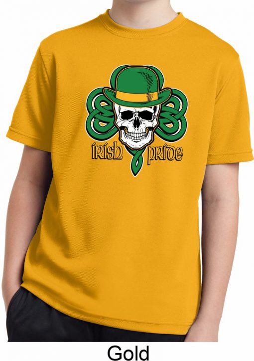 Irish Pride Celtic Knot Skull Youth Moisture Wicking yellow Shirt