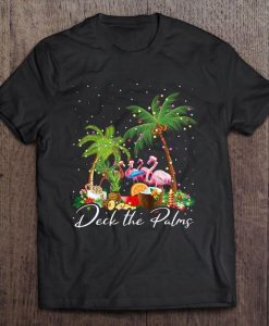 Deck The Palms Pink Flamingo Christmas Tshirt