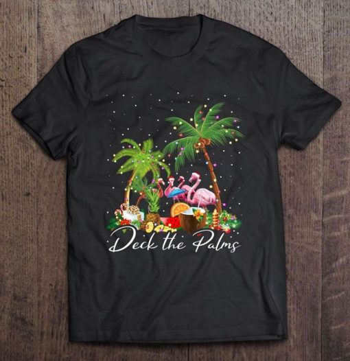 Deck The Palms Pink Flamingo Christmas Tshirt