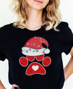 Dog Paw Print With Santa Hat Christmas Lights Shirt