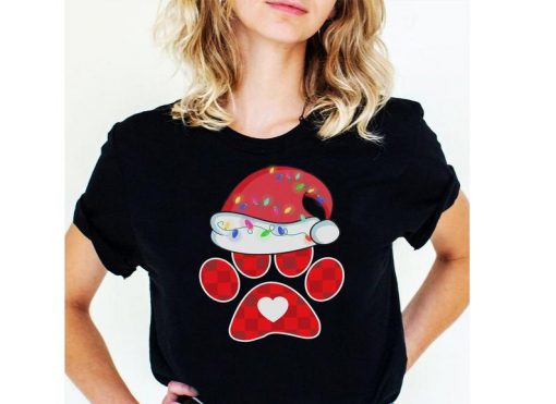 Dog Paw Print With Santa Hat Christmas Lights Shirt