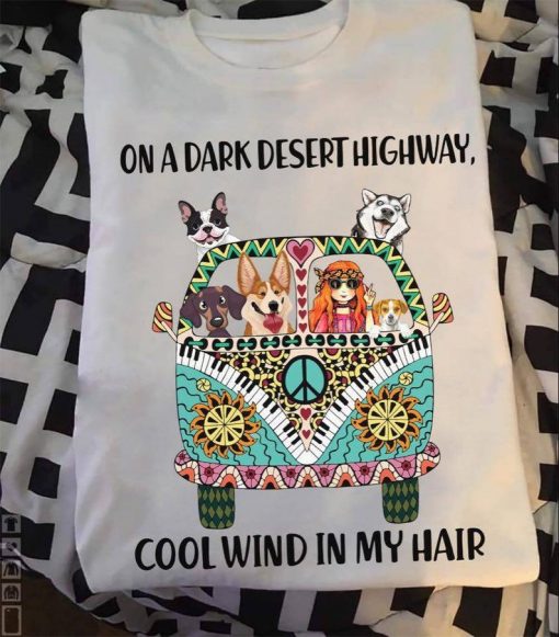 Hippy and corgi on a dark desert highway T-shirt