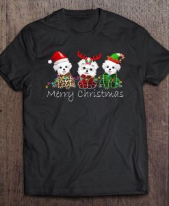 Merry Christmas Maltese Reindeer Elf Santa Hat Tshirt