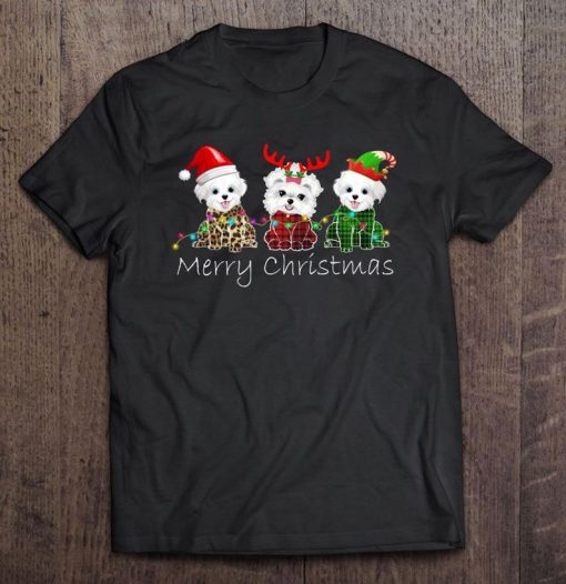 Merry Christmas Maltese Reindeer Elf Santa Hat Tshirt