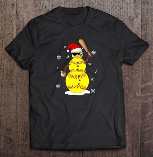 Softball Snowman Santa Hat Christmas T-shirt