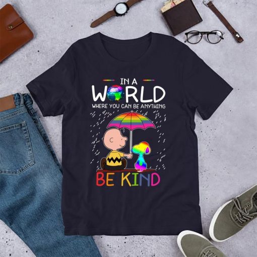 in a world where you can be anything be kind snoopy hippie peace sunflower designs shirt