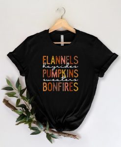 Flannels pumpkins bonfires on heather peach T-shirt