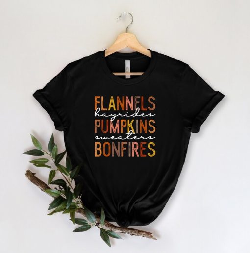 Flannels pumpkins bonfires on heather peach T-shirt