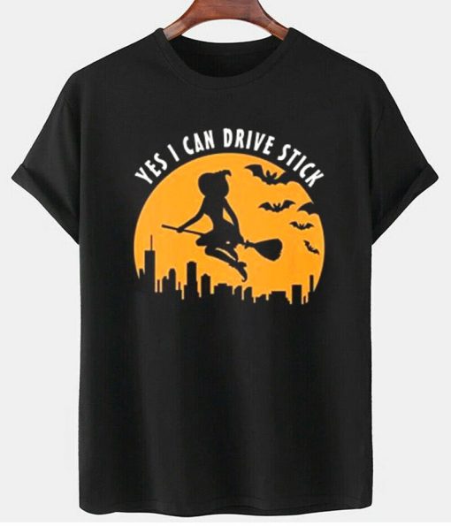 Witch Ride Boom Yes I can Drive Stick Funny Wizard Night Costume Black T-Shirt