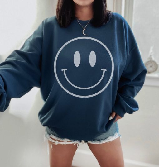 Distressed Smiley Face Crewneck Sweatshirt