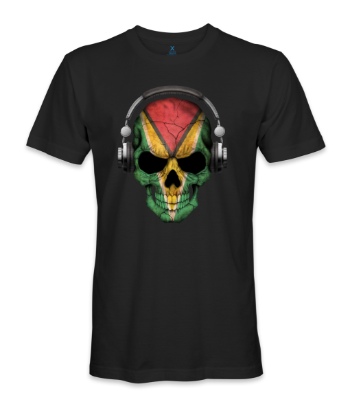 Guyana country flag on a skull while listening to music t-shirt