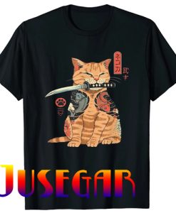 Japanese Samurai Ninja Cat Kawaii Tattoo Graphic T-Shirt